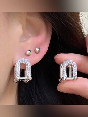 Western Horseshoe Earrings Silver Crystal Pave Stud Earrings